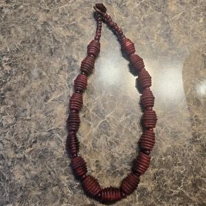 Vintage Hand-Carved‎ Wooden Ribbed Barrel Bead Necklace Oxblood Mahogany Boho...